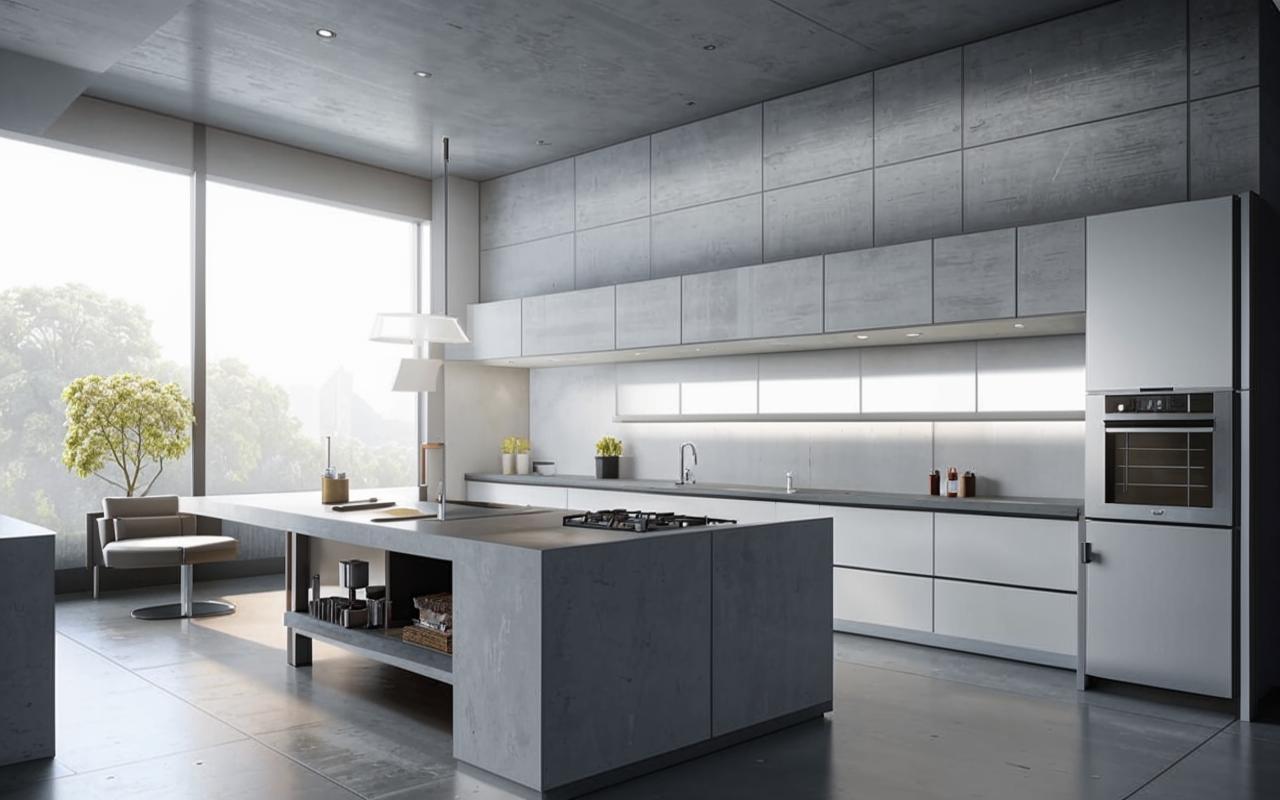 Кухни с фасадами, имитирующими бетон: современные тенденции