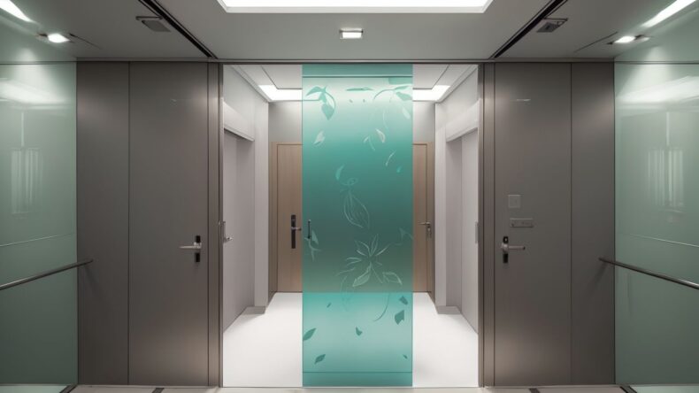 Матовые стеклянные двери с пескоструйным рисунком